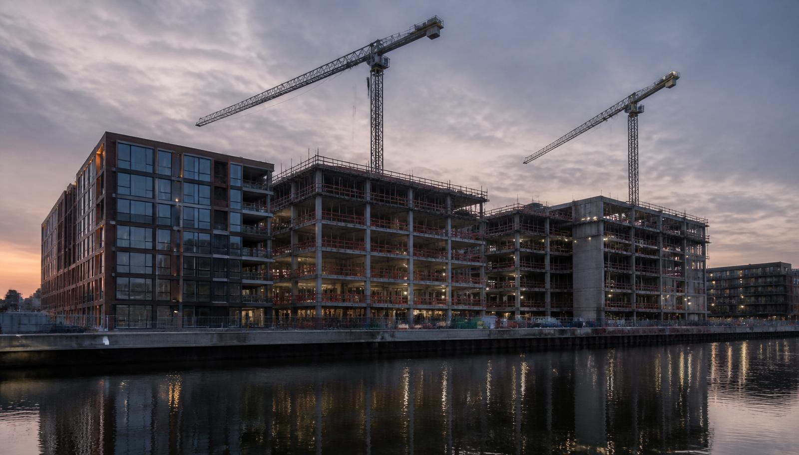 Mixed-use development under construction at dusk with tower cranes